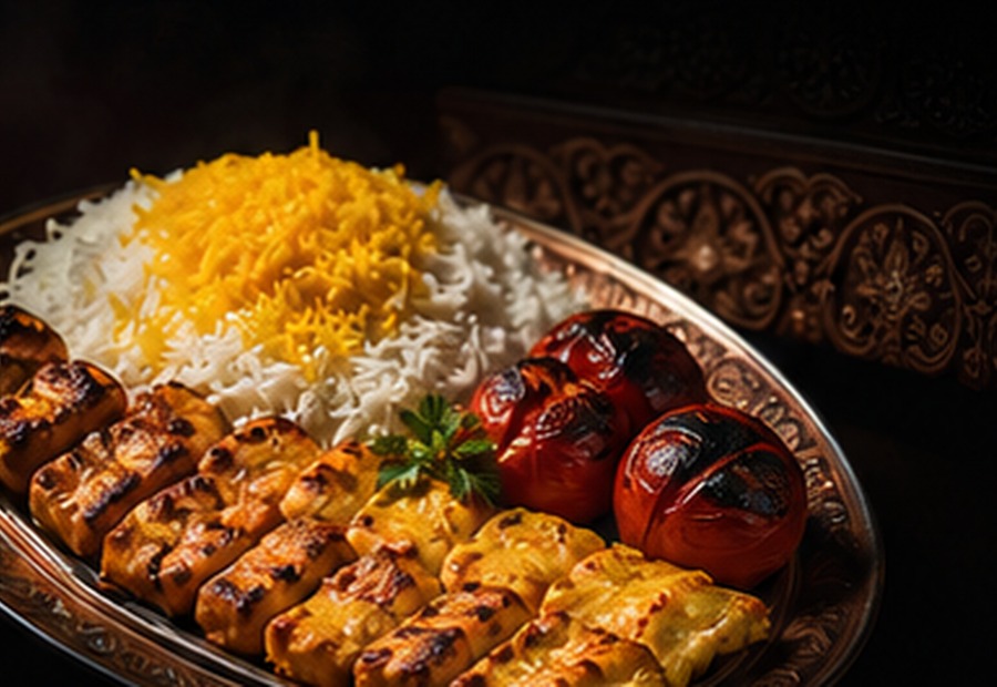 بشقاب کامل چلو جوجه زعفرانی با برنج ایرانی و گوجه کبابی