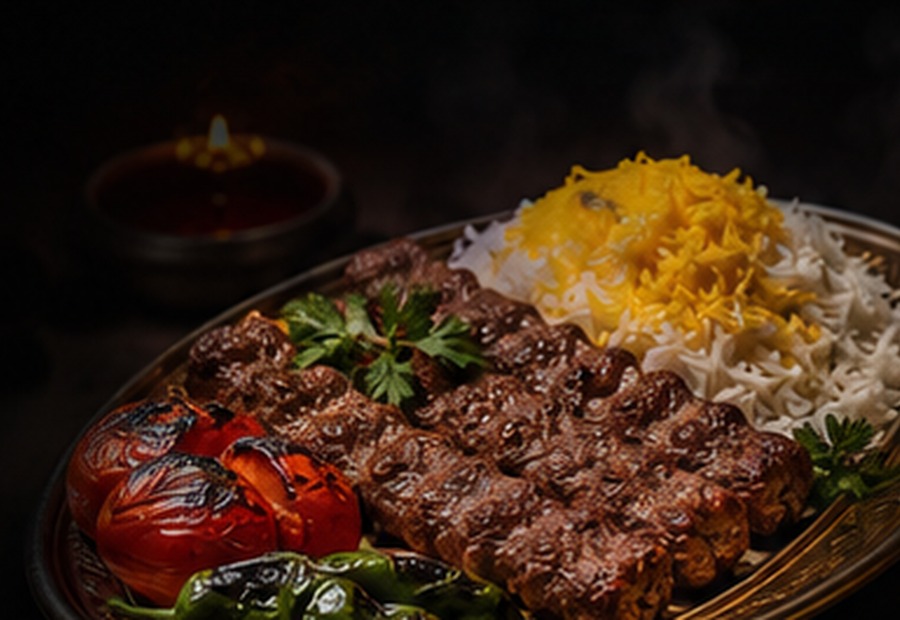 بشقاب کامل چلوکباب کوبیده با برنج ایرانی و گوجه کبابی